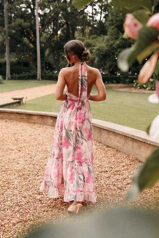 Lennon Halterneck Maxi Dress - Pink Floral Chic Sleeveless Maxi Dress