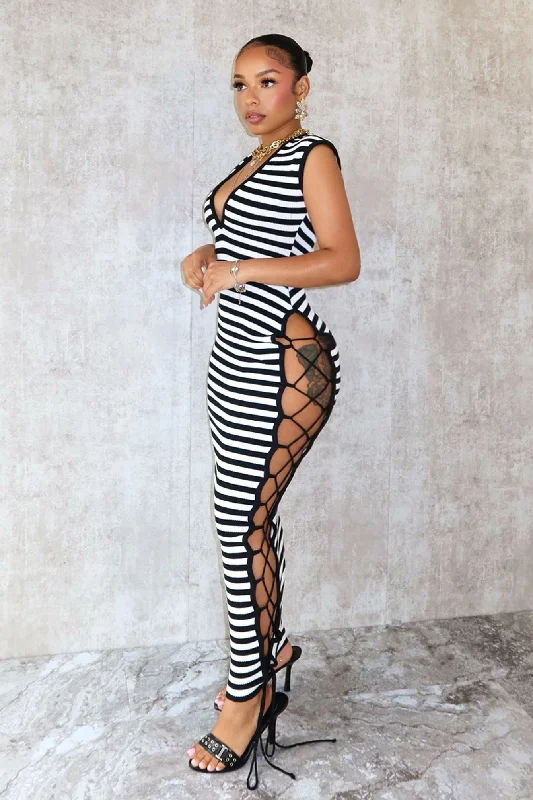 Liv Stripe V Neck Maxi Dress Elegant Maxi Dress with Lace