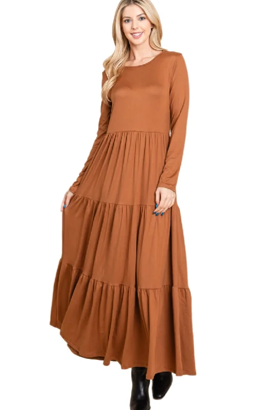 Long Sleeve Maxi Dress Style 1240 in Camel or Olive Comfortable Fitted Maxi Dress