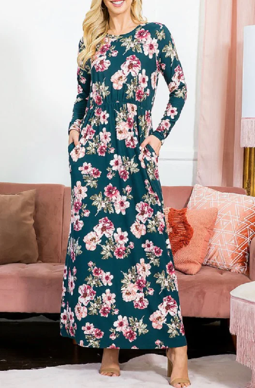 Long Sleeve Rose Floral Maxi Dress Style 7925 in Green Stylish Long Sleeve Maxi Dress