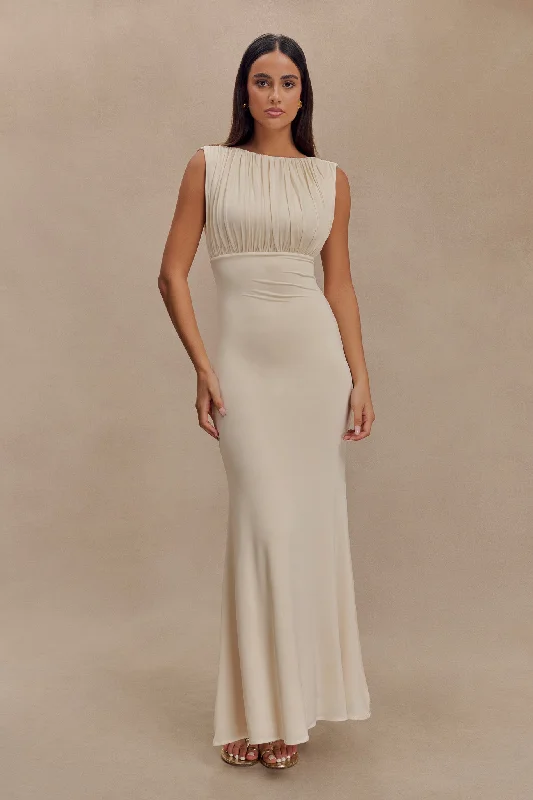 Malia Slinky Ruched Maxi Dress - Ivory Comfortable Plunging Neckline Maxi Dress