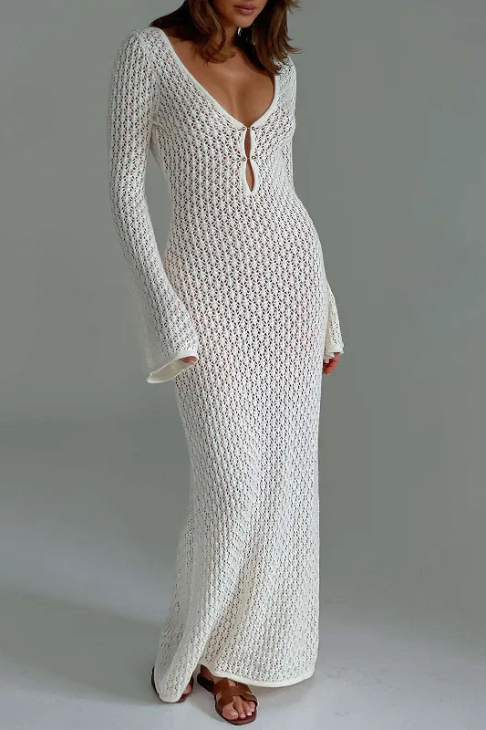 V-neck Crochet Open Knit Long Sleeve Maxi Dress Elegant Wraparound Maxi Dress