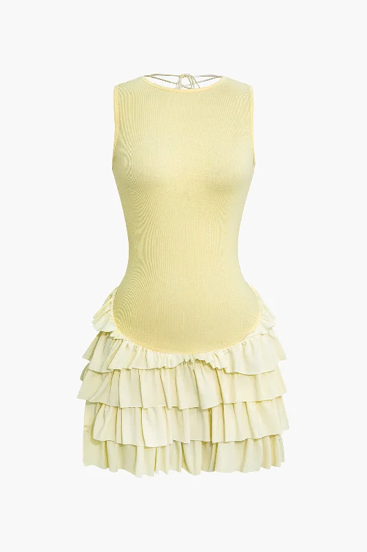 Lace Up Back Sleeveless Ruffle Hem Mini Dress Fashionable Mini Dress with Pockets