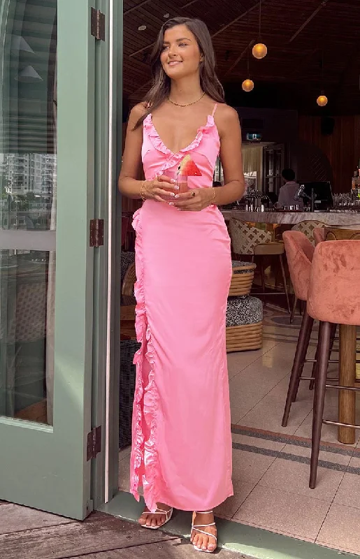 Nahanee Pink Satin Ruffle Maxi Dress Fashionable Open-Back Maxi Dress