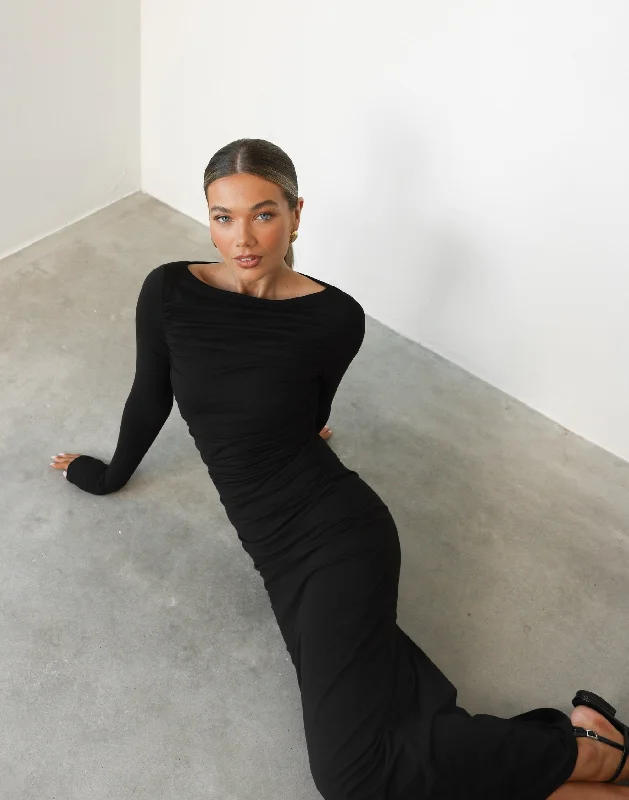 Natasha Maxi Dress (Black) Elegant Maxi Dress with Belt