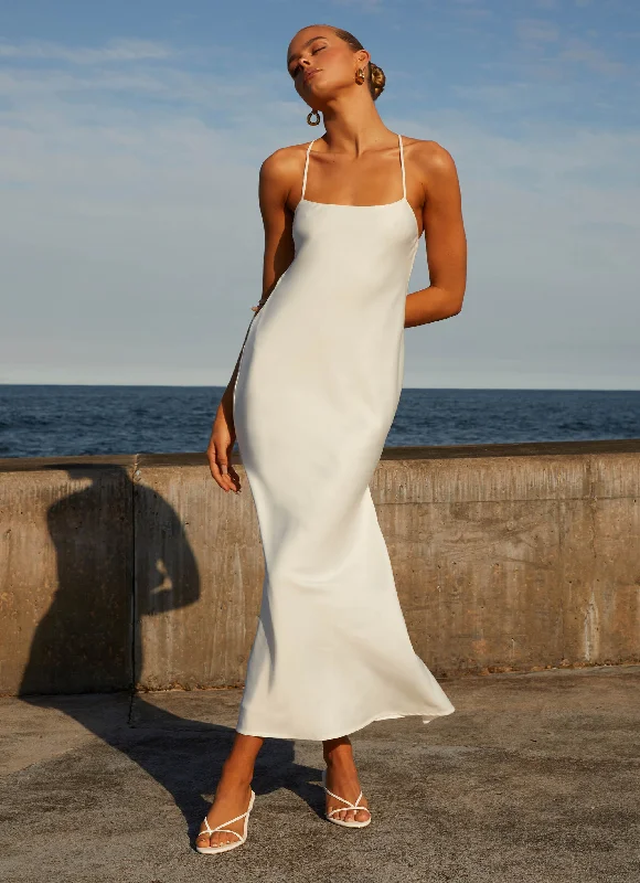 Runway Royalty Maxi Dress - White Comfortable Plunging Neckline Maxi Dress