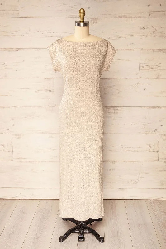 Selana Beige | Knit Maxi Dress w/ Back Slit Stylish Empire Waist Maxi Dress