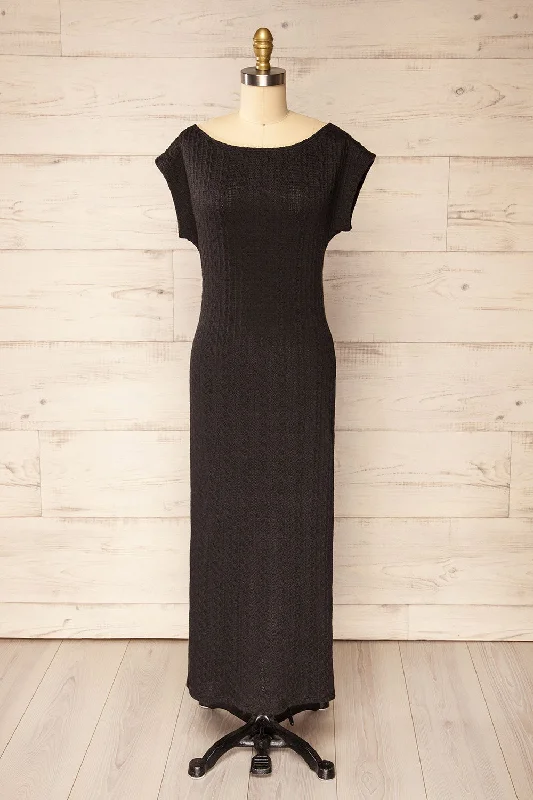 Selana Black | Knit Maxi Dress w/ Back Slit Cozy Maxi Dress with Slit