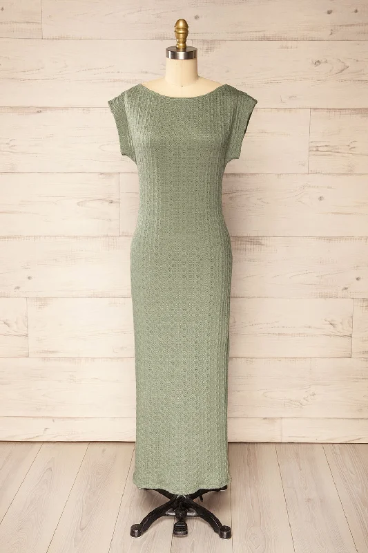 Selana Sage | Knit Maxi Dress w/ Back Slit Stylish Long Sleeve Maxi Dress