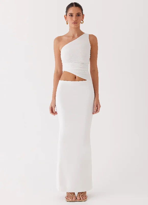 Seranella One Shoulder Maxi Dress - White Trendy Maxi Dress with Belt