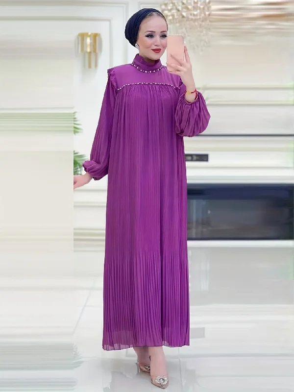 Sparkling Ramadan Elegance - Rhinestoned Pleated Mock Neck Maxi Dress with Adjustable Tie Waist and Lantern Sleeves - A Modest, Timeless Choice for Women Elegant Lace-Up Maxi Dress
