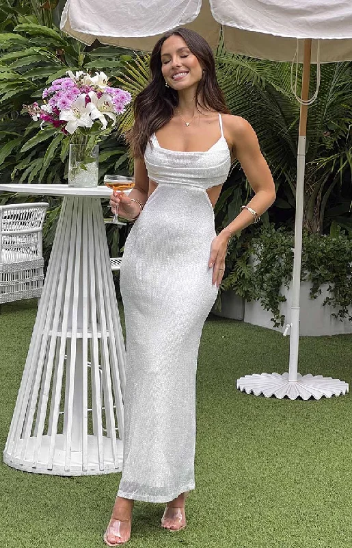 Taleah White Sequin Cut Out Maxi Dress Trendy Maxi Dress with Belt