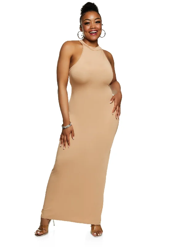 Plus Size Daisy Mock Neck Sleeveless Maxi Dress Comfortable Maxi Dress with Slits