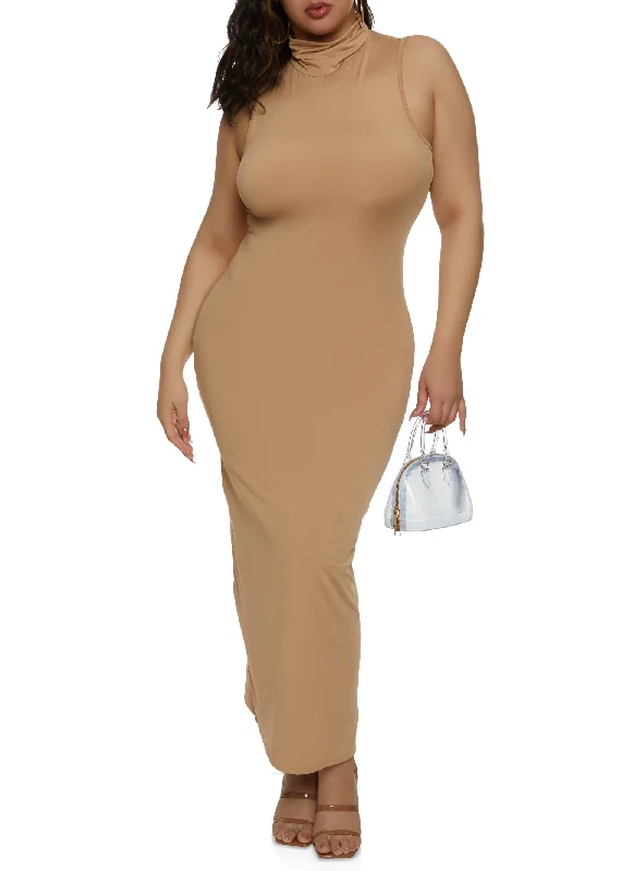 Plus Size Daisy Sleeveless Turtleneck Maxi Dress Classic A-Line Maxi Dress