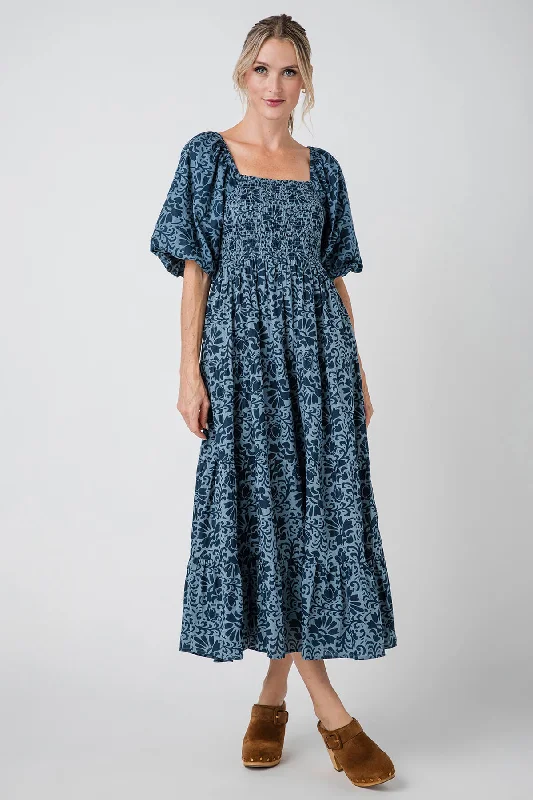 THML Smocked Puff Sleeve Printed Maxi Dress Trendy Floral Print Maxi Dress