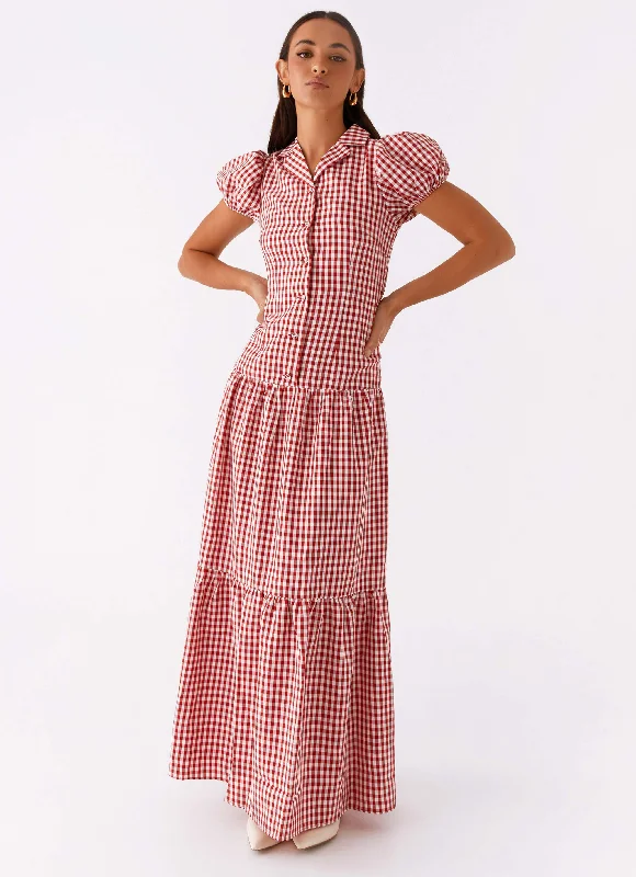 Verity Maxi Dress - Red Gingham Elegant Maxi Dress with Lace