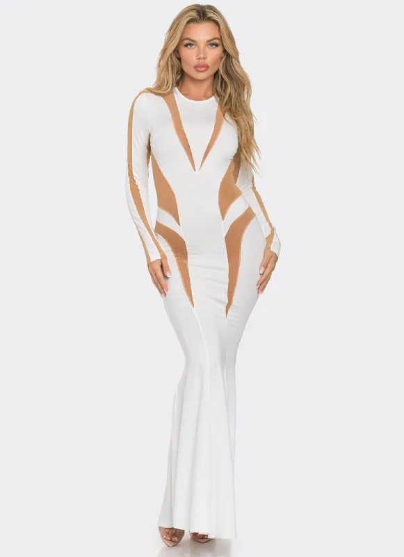 Mesh Color Block Long Sleeve Maxi Dress Stylish Button-Up Maxi Dress