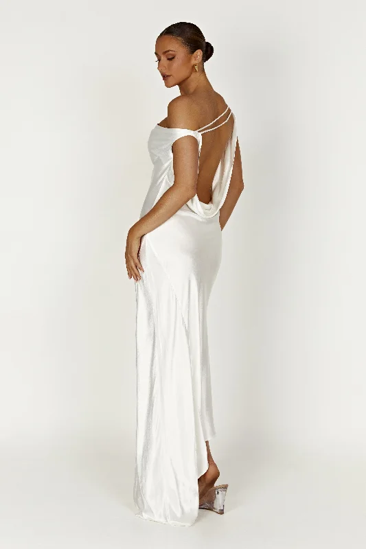 Yvette Slip Maxi Dress With Asymmetrical Hem - White Cozy Knit Maxi Dress