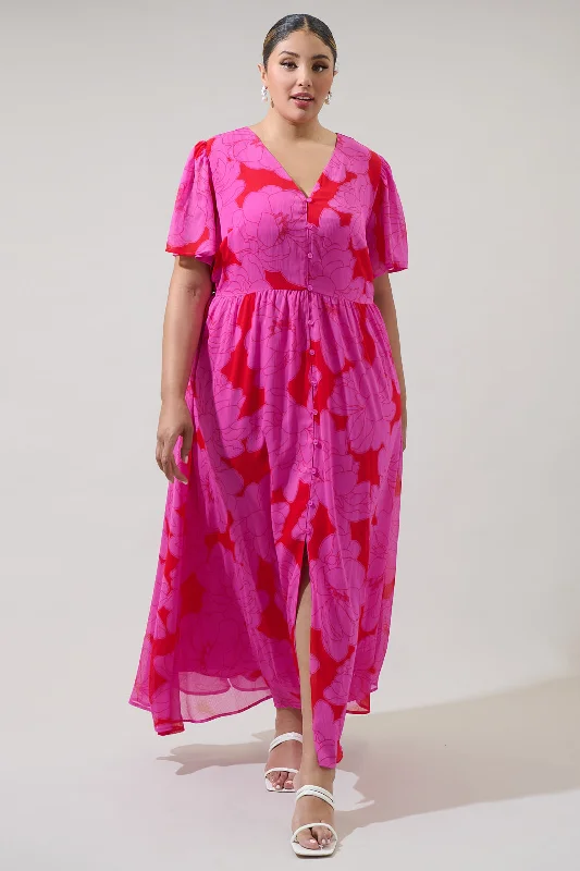 Zalea Floral Linana Button Front Maxi Dress Curve Trendy Printed Maxi Dress