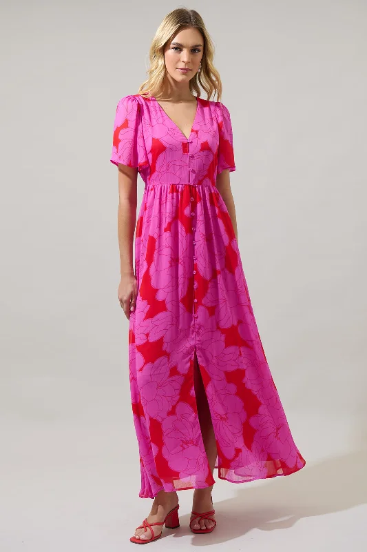 Zalea Floral Linana Button Front Maxi Dress Elegant Sleeveless Maxi Dress
