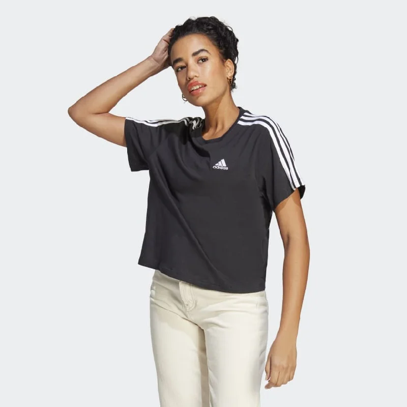 ADIDAS WOMEN'S ESSENTIALS 3-STRIPES SINGLE JERSEY BLACK CROP TEE Hooded Caped Shawl Collar