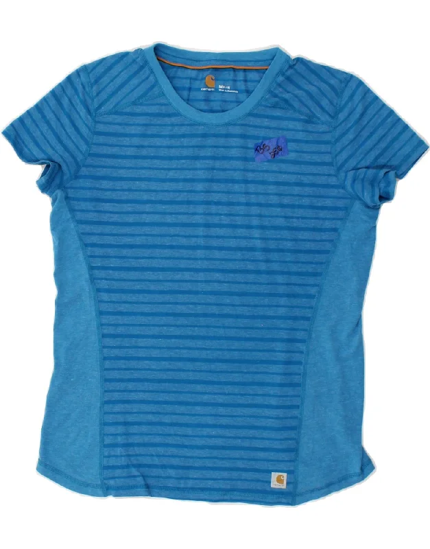 CARHARTT Womens T-Shirt Top UK 12 Medium Blue Striped Polyester Hooded Caped Shawl Collar CARHARTT Womens T-Shirt Top UK 12 Medium Blue Striped Polyester Hooded Caped Shawl Collar