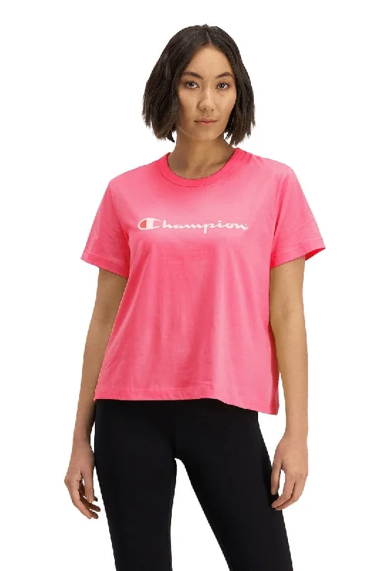 CHAMPION WOMEN'S SCRIPT PINK CROP TEE Graphic T-Shirt Round Neck Polyester