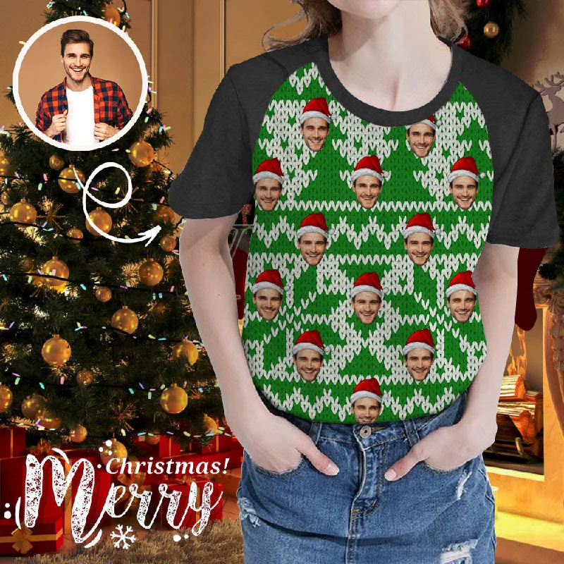 Custom Face Christmas Green Tree Women's All Over Print T-shirt Front Pockets Side Pockets Patch Pockets