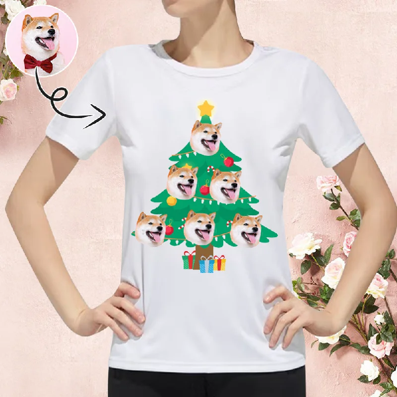 Custom Face Christmas Tree Tee Put Your Photo on Shirt Unique Design Women's All Over Print T-shirt Hooded Caped Shawl Collar