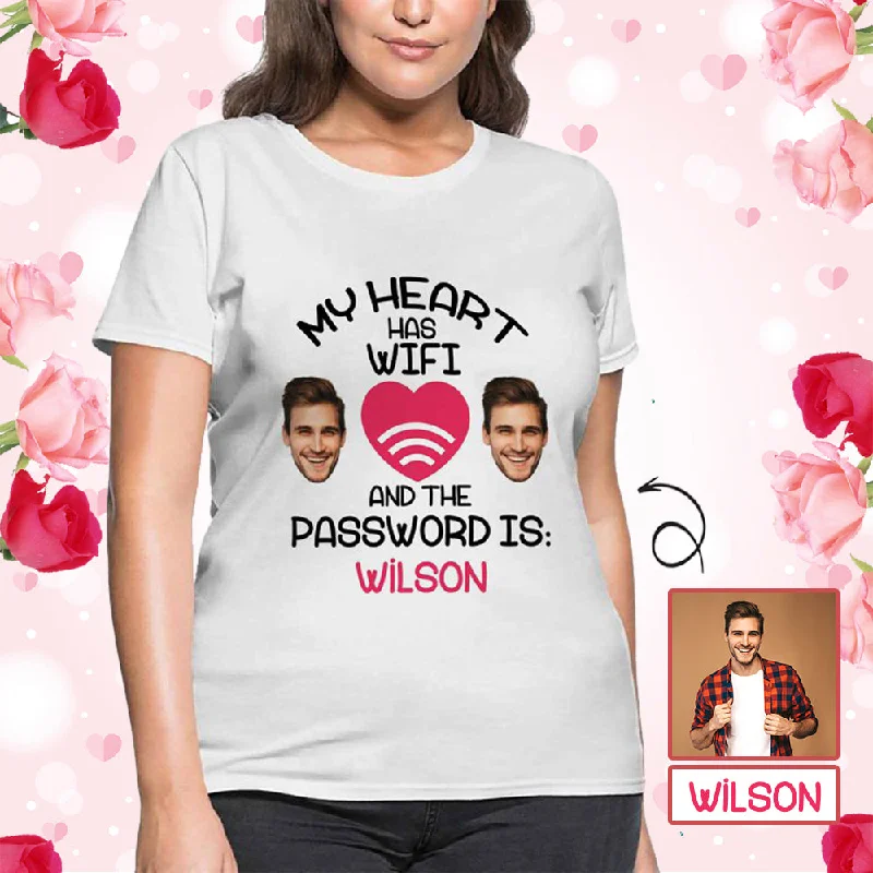 Custom Face&Name My Heart Has Wifi Women's All Over Print T-shirt Front Pockets Side Pockets Patch Pockets