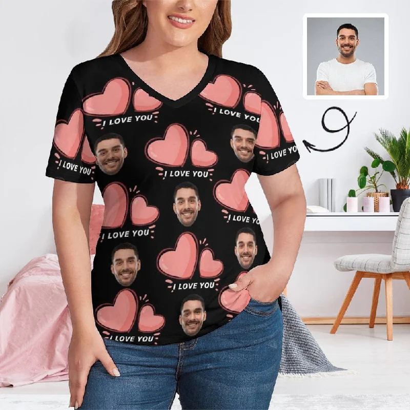 #Plus Size T-shirt-Custom Face Pink Love Plus Size V Neck T-shirt for Her Print Your Own Face on Shirt Cozy Warm Stylish