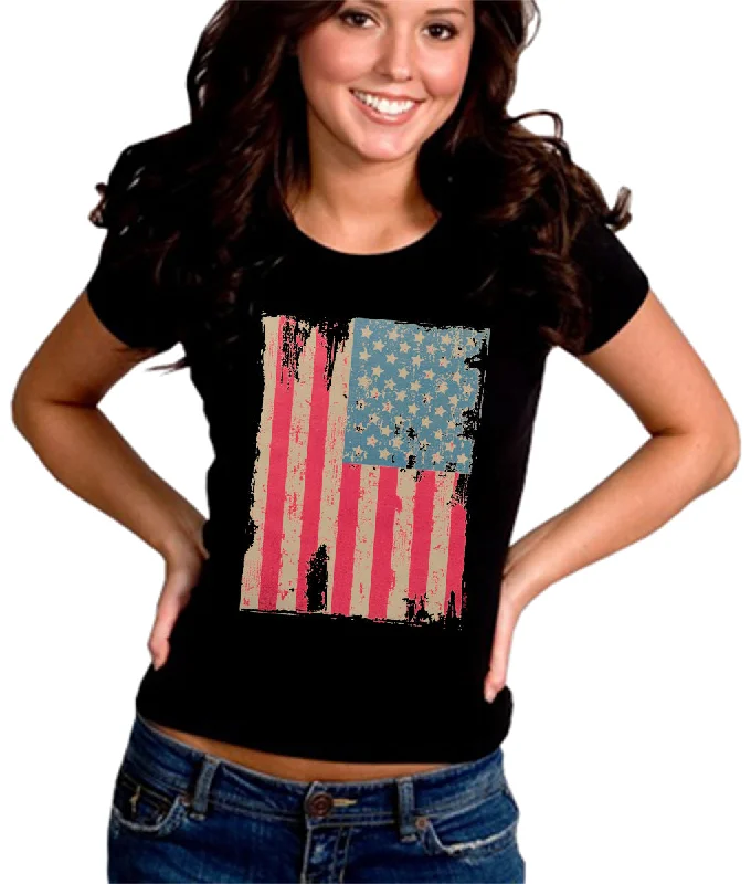 Faded and Distressed American Flag with Hot Pink Stripes Girl's T-Shirt Casual Formal Business