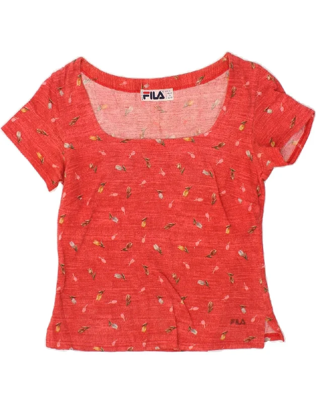 FILA Womens T-Shirt Top IT 40/42 Small Red Floral Collared Crew Neck Turtle Neck