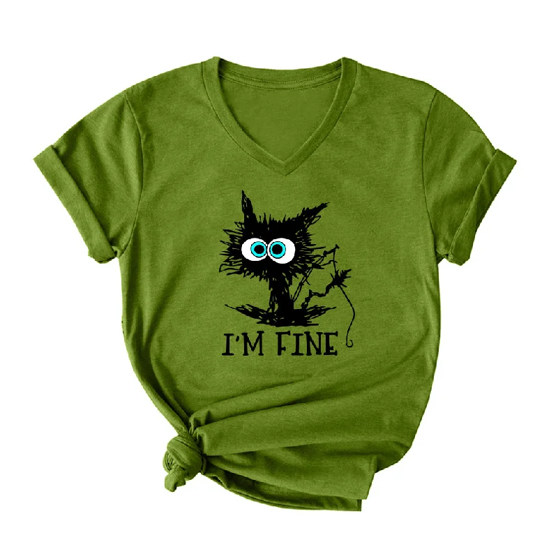 FISHING I'M FINE V Neck T-Shirt for Women Cotton Fabric Linen Fabric Terry Fabric