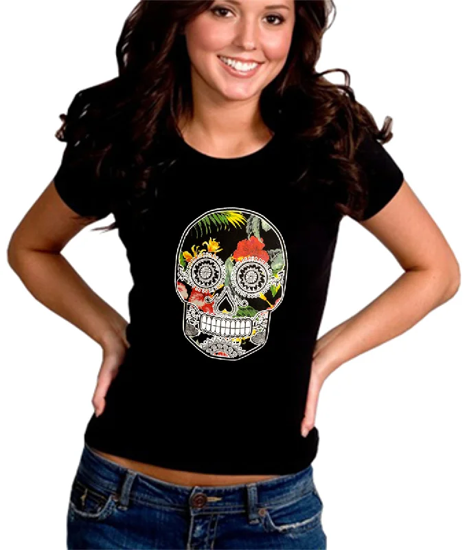 Floral Sugar Skull Girl's T-Shirt Hooded Caped Shawl Collar
