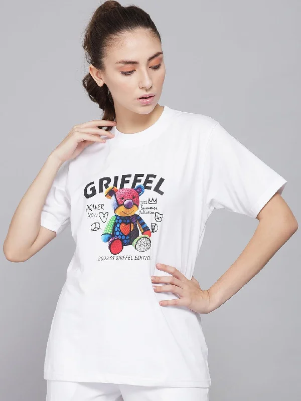 GRIFFEL Women Printed Regular fit White T-shirt Elasticated Padded Insulated