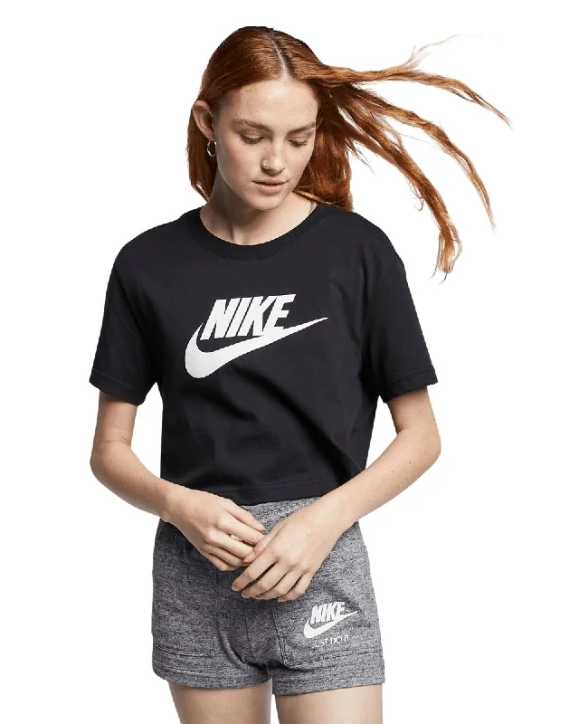 NIKE WOMEN'S SPORTSWEAR ESSENTIAL BLACK CROPPED TEE Asymmetrical Pockets Print