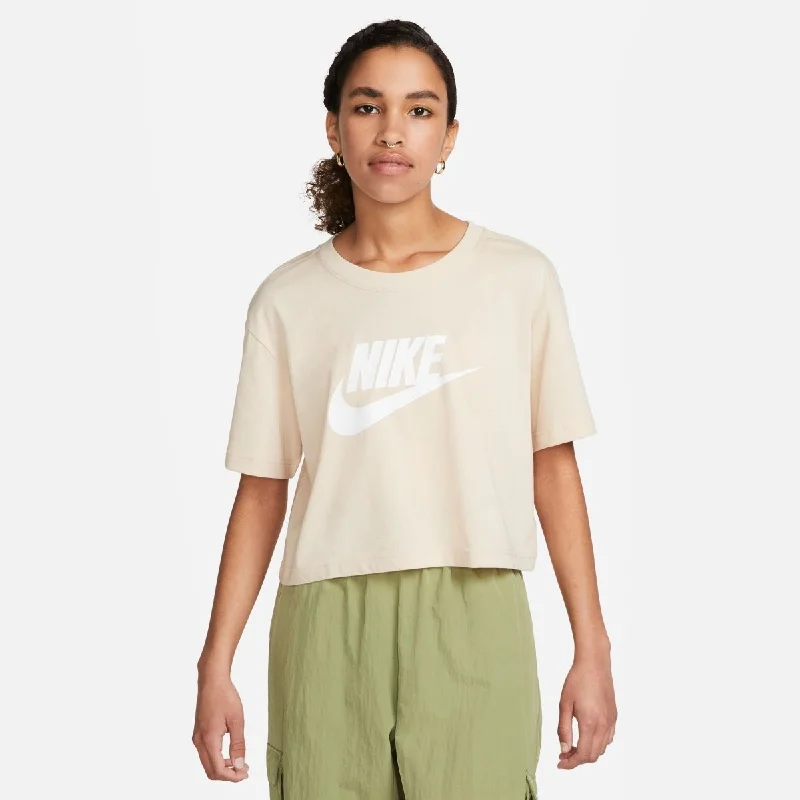 NIKE WOMEN'S SPORTSWEAR ESSENTIAL CROPPED LOGO SAND/WHITE TEE Solid Print Embellished