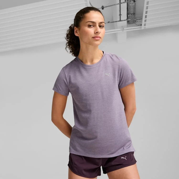 PUMA WOMEN'S RUN FAVOURITE HEATHER PLUM TEE Polka Dot Checkered Tartan