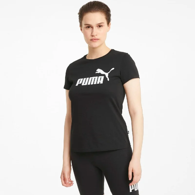 PUMA WOMEN'S ESSENTIALS LOGO BLACK TEE Front Pockets Side Pockets Patch Pockets