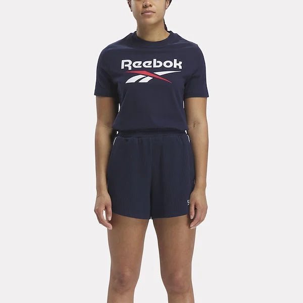 REEBOK WOMEN'S IDENTITY BIG LOGO NAVY TEE Faux Fur Fabric Real Fur Fabric Shearling Fabric