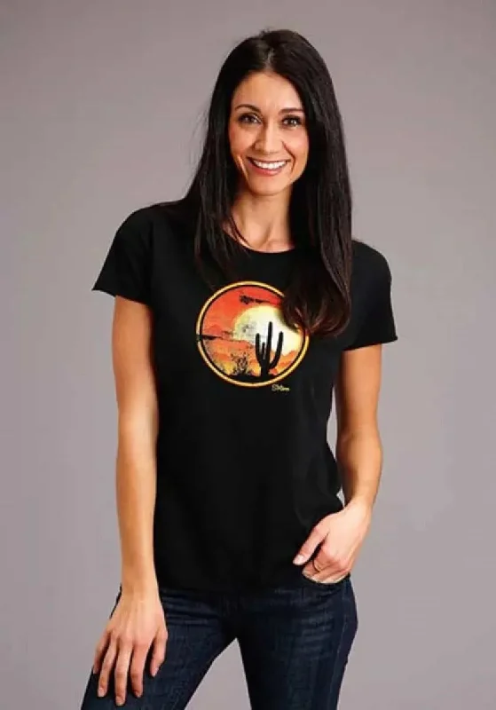 Stetson Cactus and Red Sunset (Black) - Women's Short Sleeve T-Shirt Rayon Velvet Corduroy Stetson Cactus and Red Sunset (Black) - Women's Short Sleeve T-Shirt Rayon Velvet Corduroy