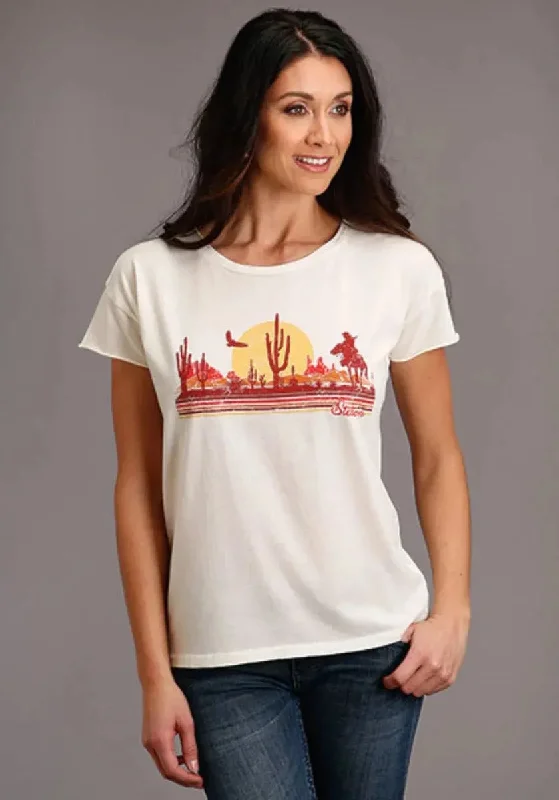 Stetson Cowgirl In Desert (White) - Women's Short Sleeve T-Shirt Silk Blend Satin Velvet Stetson Cowgirl In Desert (White) - Women's Short Sleeve T-Shirt Silk Blend Satin Velvet