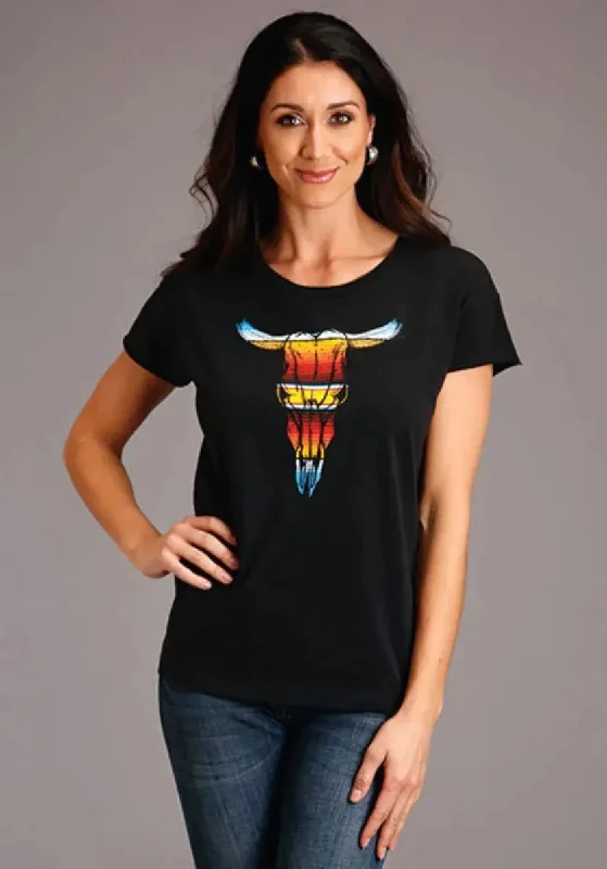 Stetson Serape Longhorn Skull (Grey) - Women's Short Sleeve T-Shirt Plaid T-Shirt Polka Dot Checkered Stetson Serape Longhorn Skull (Grey) - Women's Short Sleeve T-Shirt Plaid T-Shirt Polka Dot Checkered