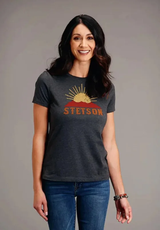 Stetson Sunset and Mountain (Grey) - Women's Short Sleeve T-Shirt Thin T-Shirt Open Front Quick Dry Stetson Sunset and Mountain (Grey) - Women's Short Sleeve T-Shirt Thin T-Shirt Open Front Quick Dry