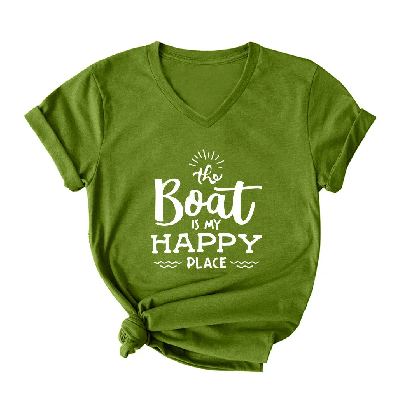 THE BOAT IS MY HAPPY PLACE V Neck T-Shirt for Women Spandex Blend Rayon Blend Denim Blend THE BOAT IS MY HAPPY PLACE V Neck T-Shirt for Women Spandex Blend Rayon Blend Denim Blend