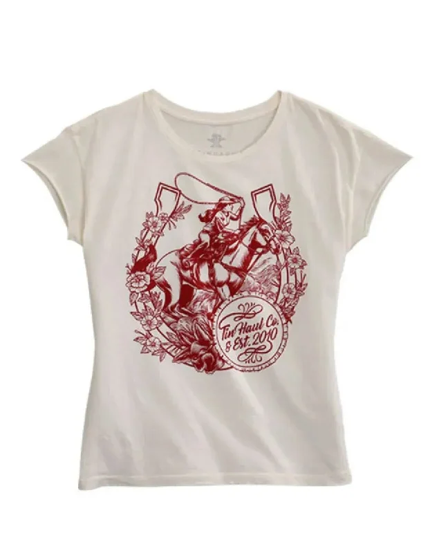 Tin Haul Horse Rider (White) - Women's T-Shirt Striped Floral Plaid