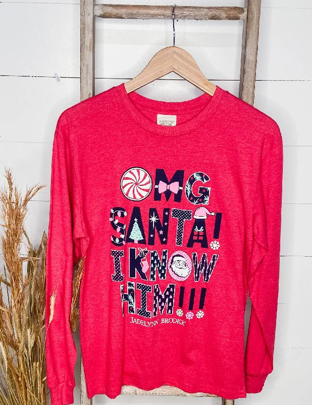 Women's OMG Santa Long Sleeve Tee Houndstooth Herringbone Solid