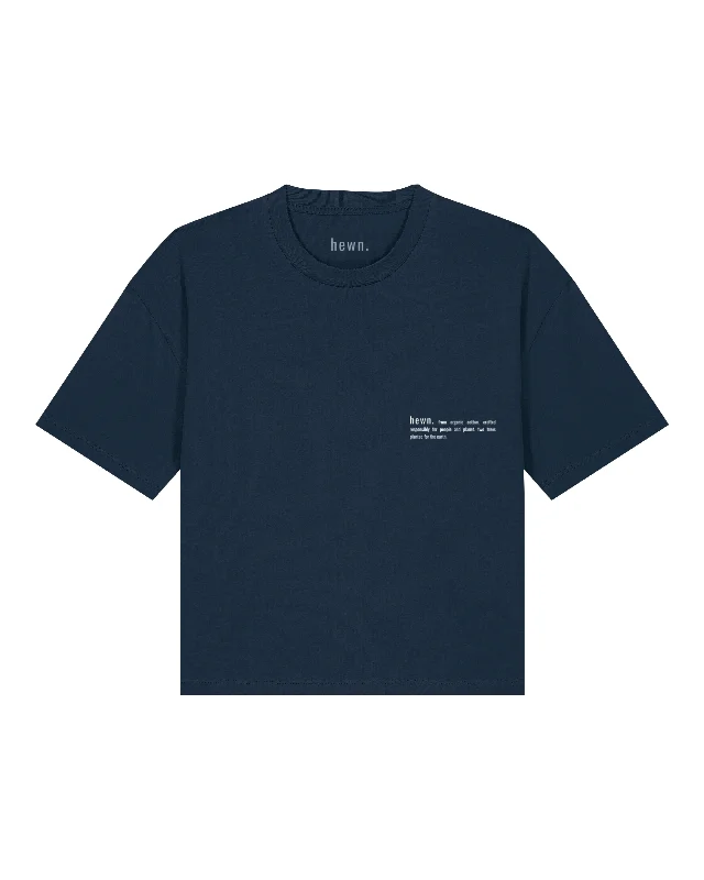 Womens Organic Boxy T-shirt in Midnight Navy Blue Zippered Front Buttoned Front Snap Front Womens Organic Boxy T-shirt in Midnight Navy Blue Zippered Front Buttoned Front Snap Front