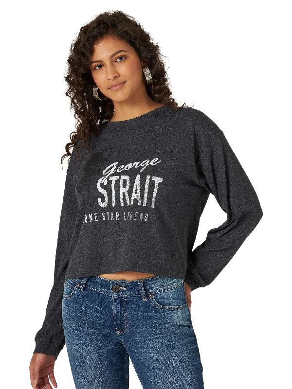 Wrangler George Strait Long Sleeve Tee - Caviar Heather Graphic T-Shirt Round Neck Polyester